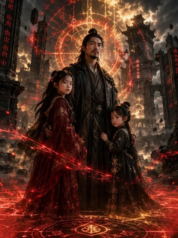 《和离后我带女儿横扫魔域》封面:黑衣父亲与两个女儿站在魔域城域与红色法阵前