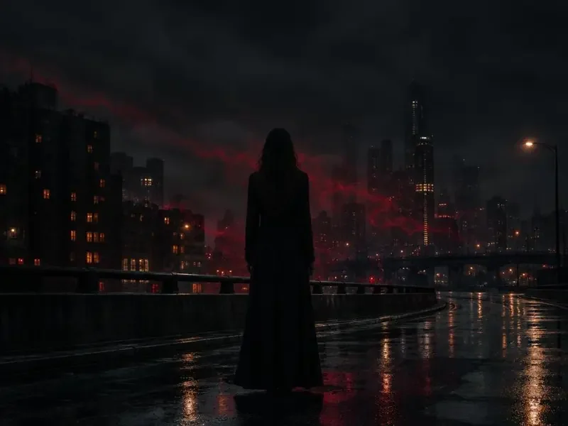 强者归来主题剧场配图:夜色过街天桥上的黑衣女性背影与微光