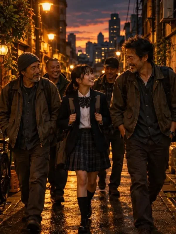 《认下混混老爹,我一路青云》封面:背书包的少女站在老城巷口,身后是守护她的父辈群像